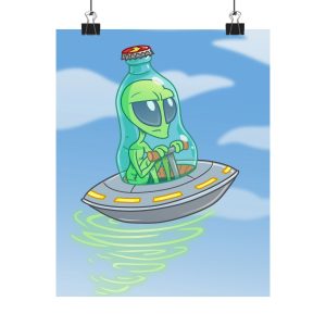 “Improvising” Grumpy Alien in Soda Bottle UFO – Art Poster